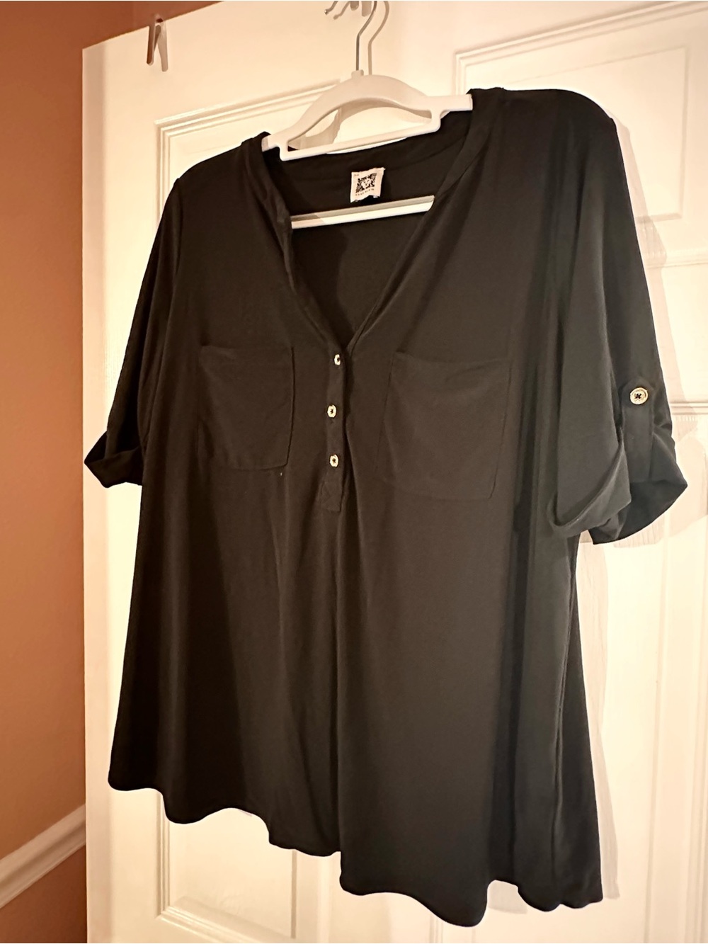Anne Klein Black Henley Tunic with Button-Tab Sleeves